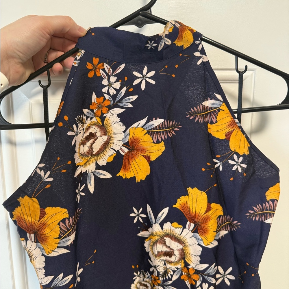 Floral Halter Neck Dress - Navy and Orange - Picture 3 of 6